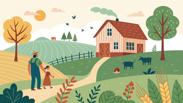 Farmer and child walking on sunny farm path with agriculture landscape countryside livestock lifestyle pastoral community outdoors