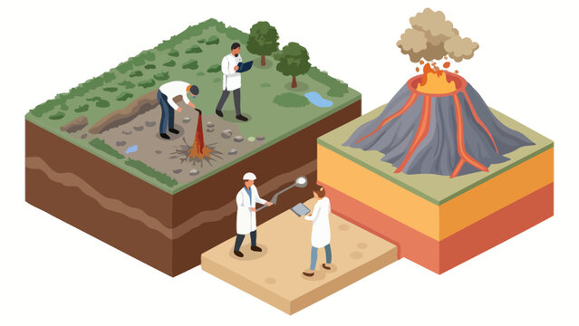 Isometric cross section with scientists studying volcanic activity and geological strata isometric scientists research eruption geological researchers laboratory fieldwork disaster analysis