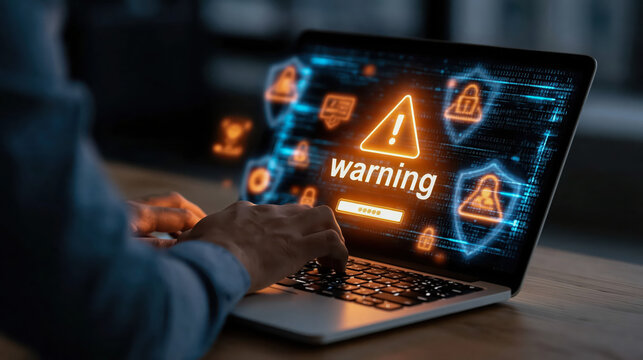 Laptop warning screen hand typing cyber security alert data protection online threat digital risk computer keyboard dark office technology