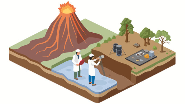Isometric cross section view of scientists researching volcanic terrain and soil conditions with isometric scientists research pollution geological fieldwork eruption landscape monitoring