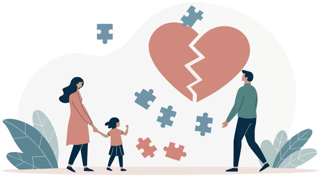 Broken family concept with father leaving mother and child as heart puzzle pieces fall apart separation relationship conflict marriage division parenting difficult struggle