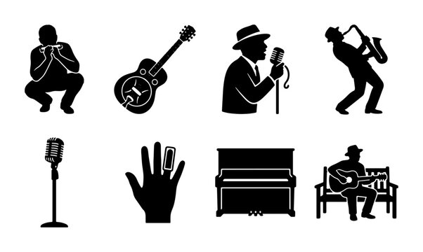 Blues Music Icons Set: Harmonica Player, Guitar, Singer, Saxophonist, Microphone, Piano, Musician on Bench, Slide Guitar