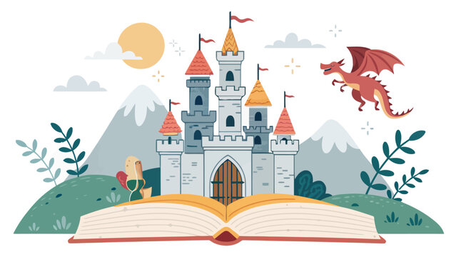 Open book with a fairy tale castle and dragon illustration fantasy world childrens book fairytale illustration magic castle illustration childhood imagination literature architecture