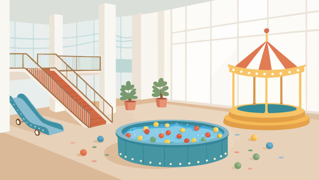 Indoor playground with slide ball pit carousel play area merry go round game room family fun childrens entertainment playground carousel children entertainment activity recreation building