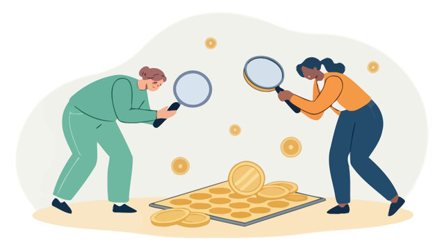 Two people examining scattered gold coins on a mat with magnifying glasses magnifying glass investment strategy financial analysis money matters financial discovery finding money searching