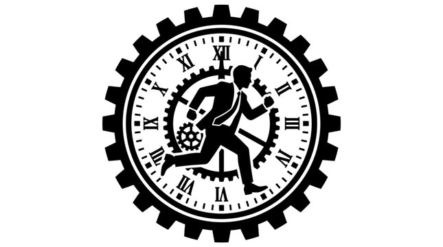 A person runs inside a gear-shaped clock with Roman numerals and gears.
