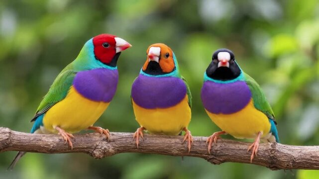 Colorful finches perched on a branch in a natural environment  