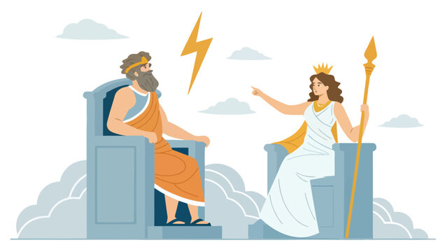 Greek gods zeus and hera sitting on thrones in the clouds with ancient civilization power struggle divine intervention godly figures pantheon of gods greek myth mythological characters pantheon