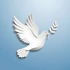 Fototapeta premium White paper dove with olive branch isolated on a light blue background International Peace Day