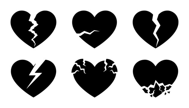 Set of Six Black Broken Heart Icons, Symbolizing Sadness and Relationship Breakup, Vector Graphics for Emotional Concepts