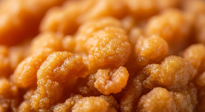 Macro golden fried batter texture, crispy tempura crumbs close up, crunchy deep fried food surface, delicious oily snack background
