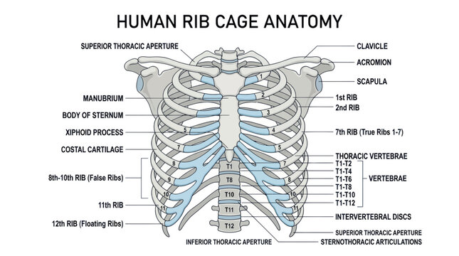 Detailed human rib cage anatomy diagram with bone labels