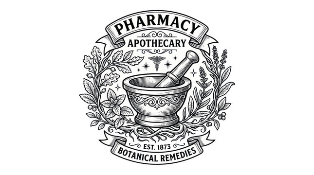Vintage apothecary emblem with mortar pestle and botanical herbs
