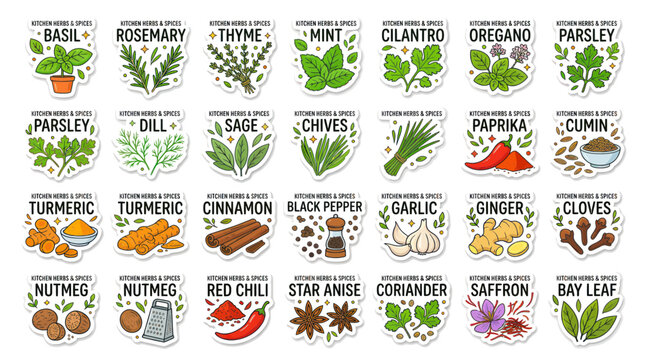 Kitchen herbs and spices collection of hand drawn organic stickers