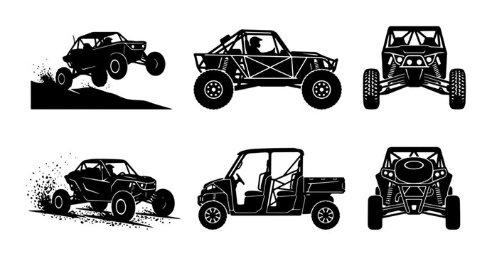Off-Road Buggy Vector Icons, Desert Racing UTV Silhouettes, Extreme Sports Vehicle Graphics, Black and White Set