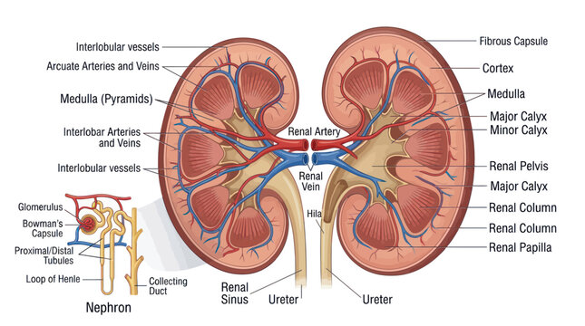 Human kidney anatomy diagram with labeled internal structures