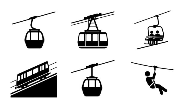 Cable Car Icons, Gondola Lift Symbols, Ski Lift Graphics, Funicular Vector Set, Zip Line Illustration, Transportation Icons