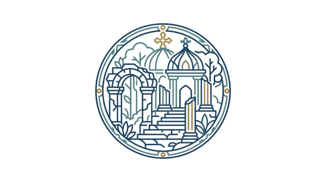 Ancient temple ruins in circular geometric frame.