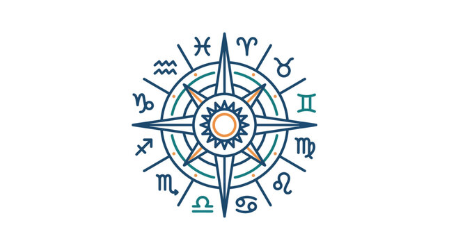 Astrology wheel with twelve zodiac signs and stars.
