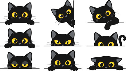 Cute Black Cat Peeking Vector Icon Set Featuring Funny Cartoon Kitten with Big Yellow Eyes Hiding Behind Blank Borders for Halloween Designs © MdShamim
