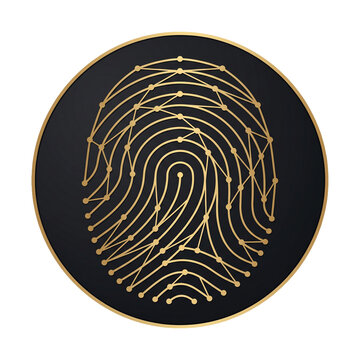 Golden digital fingerprint icon with circuit board lines and dots pattern