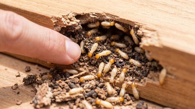 Closeup of termites damaging wooden structure