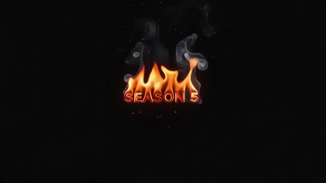 Season 5 text branding animated with intense flickering orange fire and rising white smoke trails against a solid black background creating a cinematic motion graphic video element perfect for televis