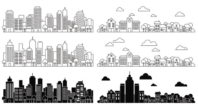 Set of black and white city skyline silhouette icons with silhouette buildings architecture metropolis townscape landscape elements panoramic drawings outlines collection business
