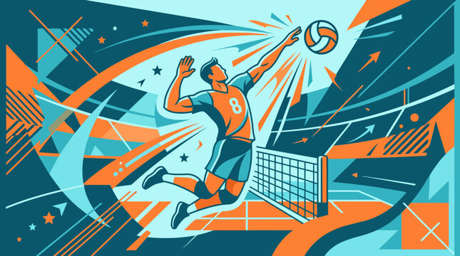 Dynamic vector illustration of a male volleyball player spiking the ball