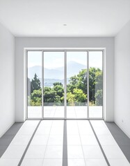 Fototapeta premium Modern, sunlit interior with expansive glass doors, framing a lush landscape