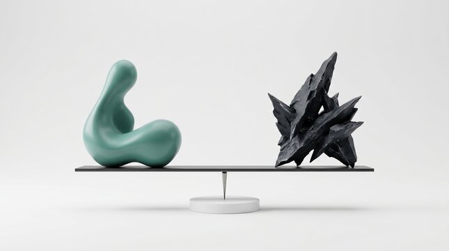 Teal sculpture and black crystal on a balance scale model