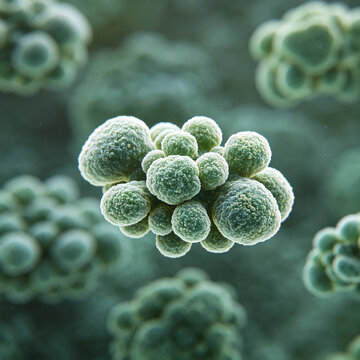 Scanning electron micrograph of Mycoplasma pneumoniae bacteria, small pleomorphic structure, microbiology research style