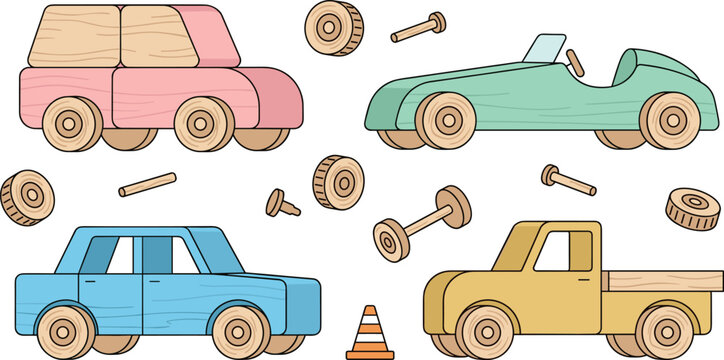 DIY Wooden Toy Car Craft Set with Assemble Parts Wheels Axles Convertible Sedan and Pickup Truck for Kids Playroom Vector Graphic Designs