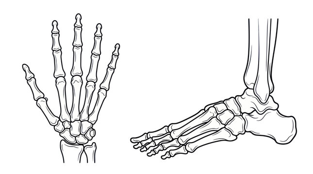 Human hand and foot bones anatomical line art diagram