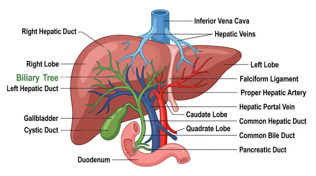 Human liver anatomy diagram with biliary tree and blood vessels