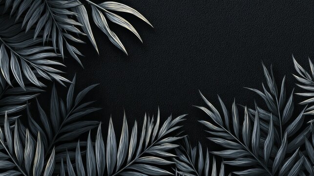 Dark tropical palm branches and lush foliage illustration creating an elegant black botanical background with layered leaves, dramatic nature-inspired texture, modern luxury wallpaper design, moody ex