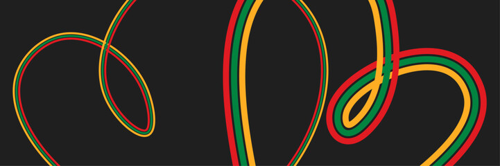 Obraz premium Black History Month banner with abstract squiggle lines in Pan African flag colors. Juneteenth celebration background with dynamic ribbon wave pattern vector