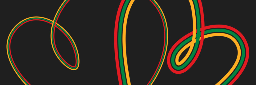 Black History Month banner with abstract squiggle lines in Pan African flag colors. Juneteenth celebration background with dynamic ribbon wave pattern vector