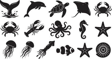 Set of sea animals silhouettes, marine life icons, ocean creatures collection © Lutfar_Rahman