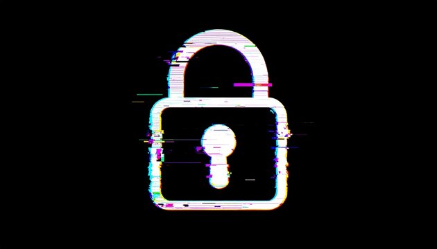 Glitchy padlock icon on black. Digital security theme