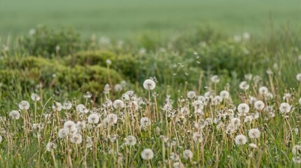 Fototapeta premium Field of fluffy white dandelion seed heads in grass