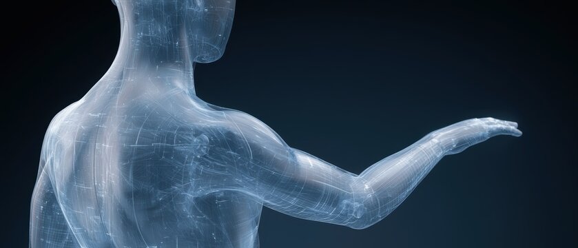 intelligent humanoid machine interacting with futuristic holographic technology interfaces