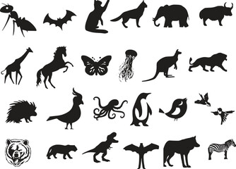 Obraz premium Set of various wild animal silhouettes including mammals birds and insects with silhouette wildlife collection elephant kangaroo butterfly