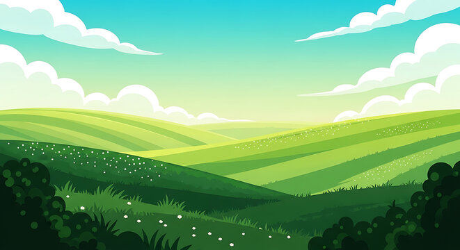 Illustrated landscape with rolling green hills and white clouds landscape illustration outdoors environment countryside artistic