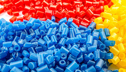 Obraz premium Colorful plastic beads in red, blue, and yellow for crafts.