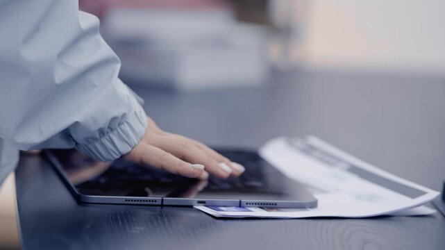 Close up of Female Lighting Technician Hand Operating Digital Tablet on Studio Desk