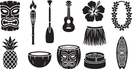 Set of tropical hawaiian icons including tiki mask, torch, ukulele, hibiscus flower, lei, and surfboard © Lutfar_Rahman