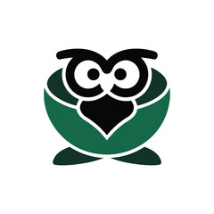Fototapeta premium Cute stylized green and black owl logo icon, round cartoon bird illustration