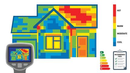 Obraz premium Energy Efficiency, Thermal Imaging, House Heat Loss, Infrared Thermography