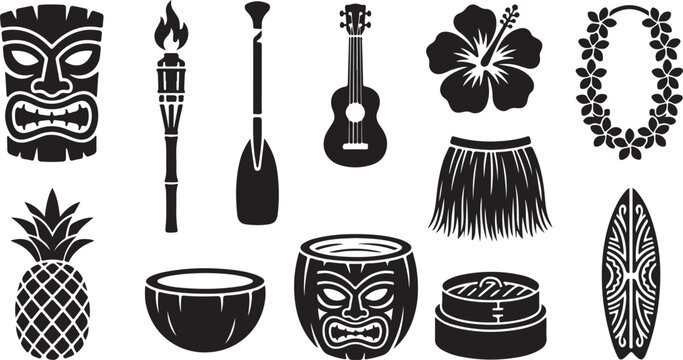 Set of tropical hawaiian icons including tiki mask, torch, ukulele, hibiscus flower, lei, and surfboard